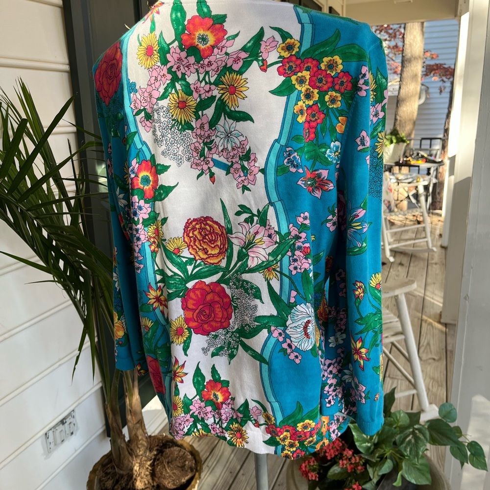 Talbots Luxury Garden Collection Cardigan, Turquoise Floral Print, Size XLP, EUC - Picture 3 of 10